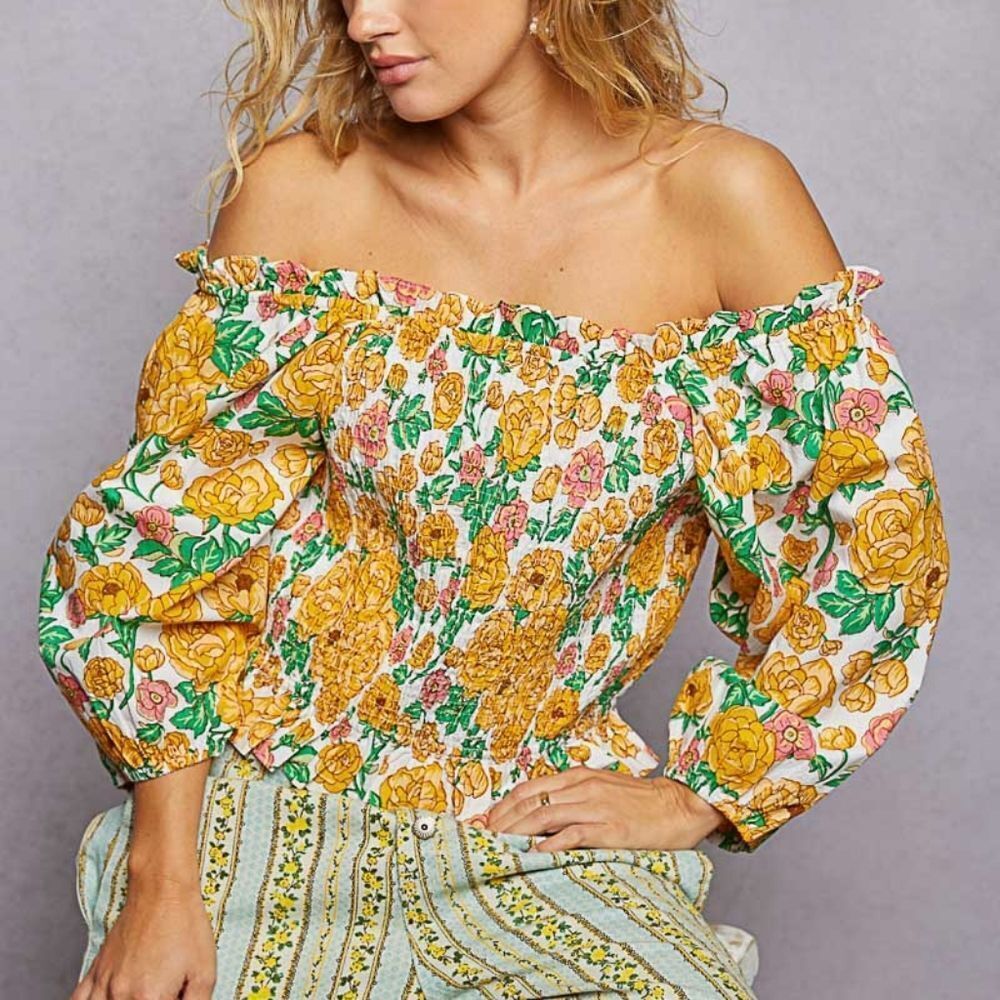 POL Women's Casual Smocked Floral Off-Shoulder Puff Sleeve Top in Yellow sz Smal - Picture 7 of 8